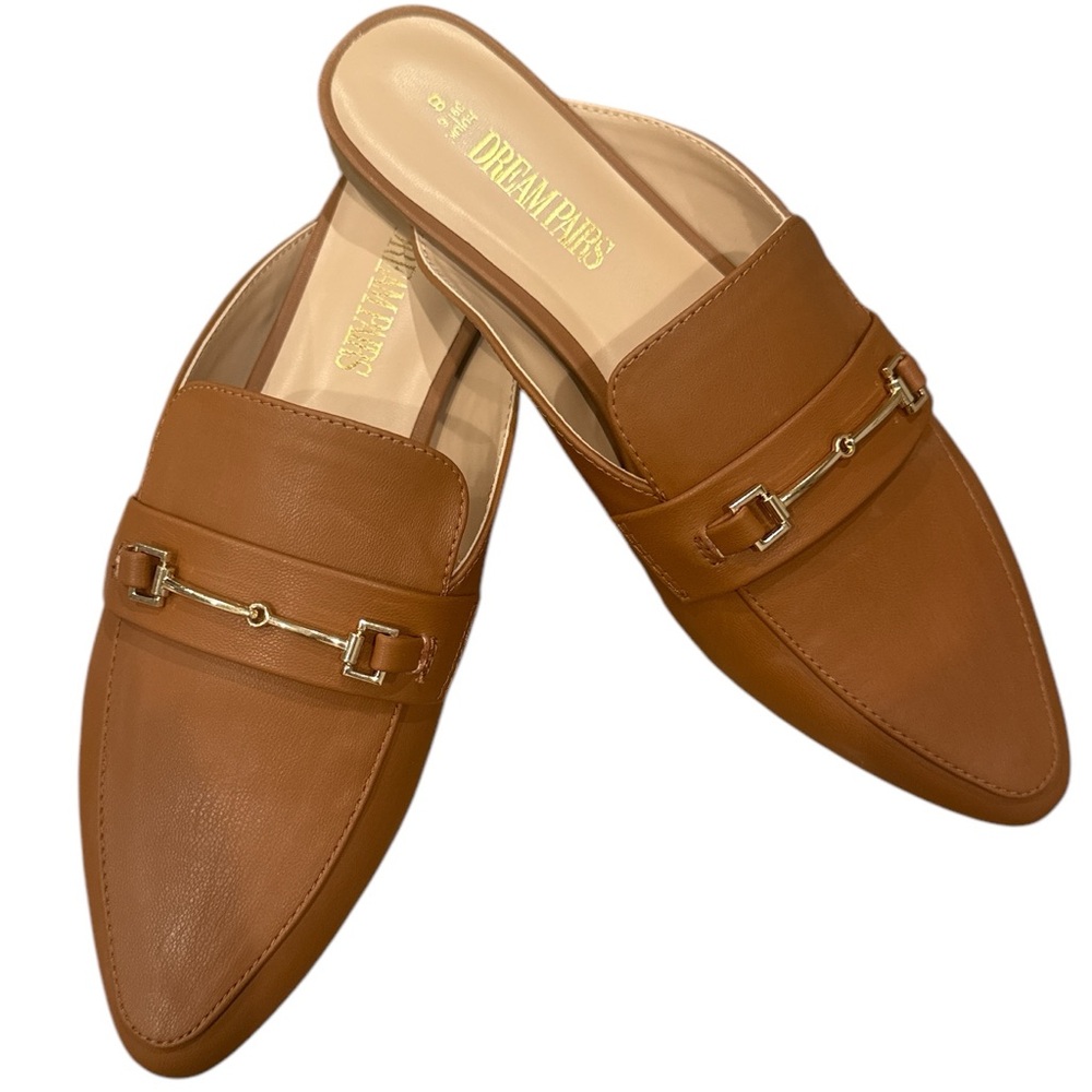 NWT Dream Pairs Brown Leather Mules with Gold Accent